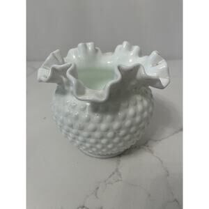 VTG Fenton White Milk Glass Hobnail Bulb Cachepot Globe Ruffle Edge